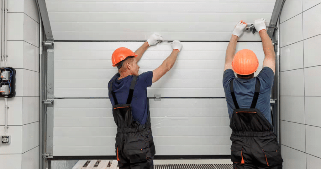 Two workers fixing a garage door.